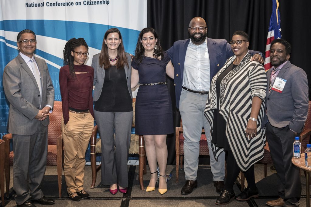 Panelists during the “Exploring Civic Learning as a Pathway to Equity and Opportunity” session hosted by PACE and NCoC during the latter’s annual conference in October 2017. (L-R) Robert Sainz (City of Los Angeles), Maya Branch (student), Kristen Cambell (PACE), Rebecca Burgess (American Enterprise Institute), Decker Ngongang (PACE), Keesha Gaskins-Nathan (Rockefeller Brothers Fund), and Verdis Robinson (The Democracy Commitment). Photo courtesy of PACE.