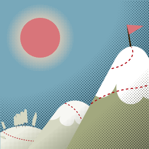 A drawing of snow-capped mountains under the sun.